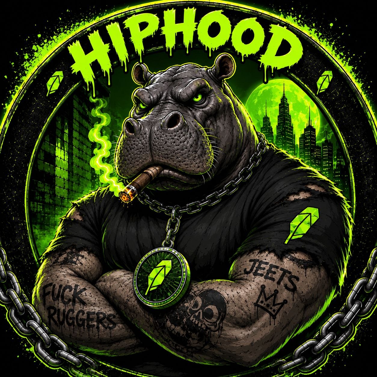HipHood mascot, a tattooed hippo wearing a Robinhood medallion